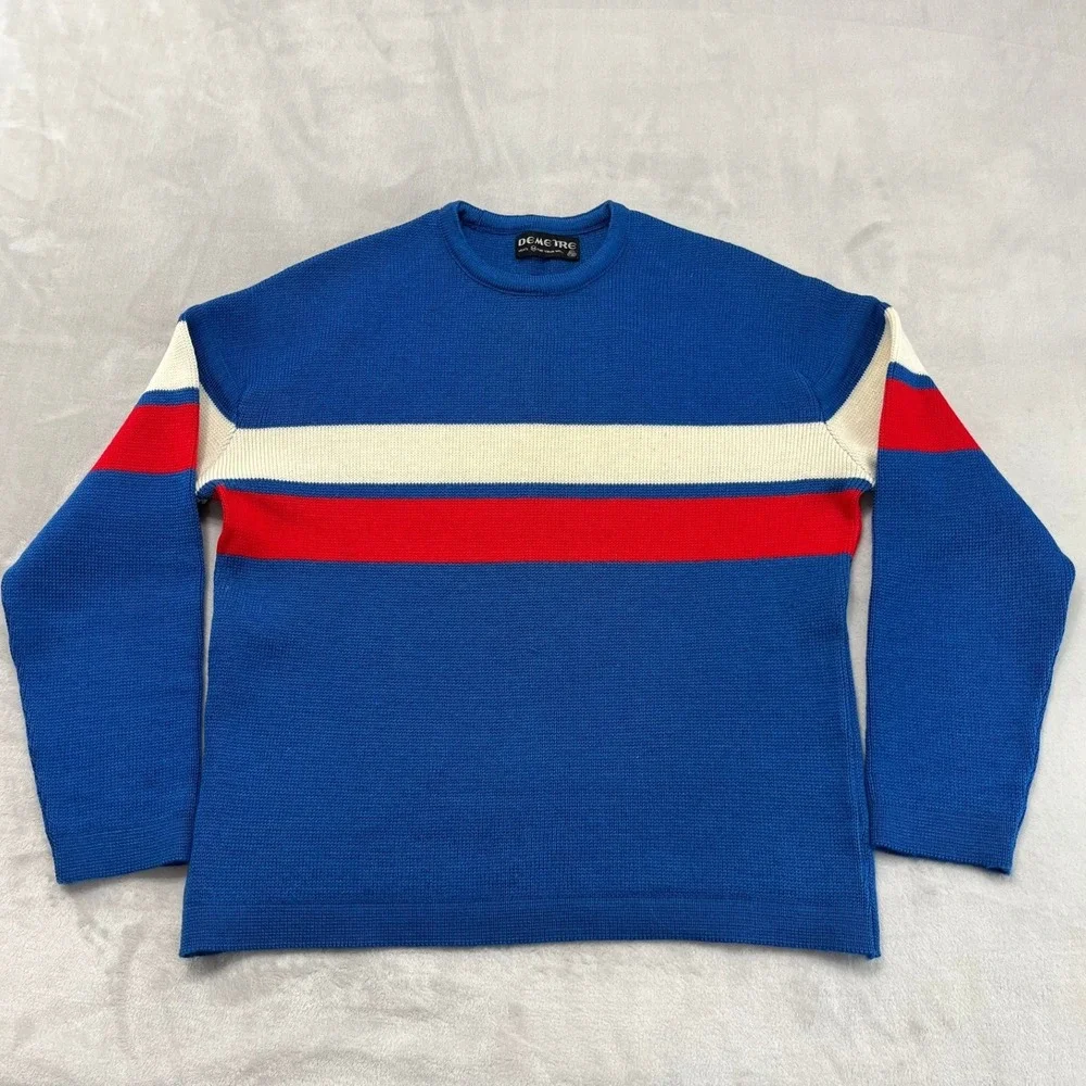 Vintage Demetre Sweater Men Medium Blue Striped Pure Virgin Wool Heavy Knit Ski